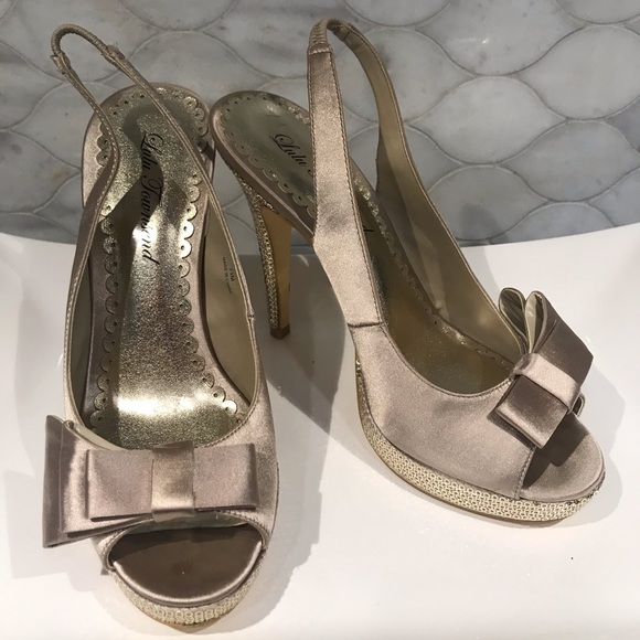 Lulu Townsend gold satin peep-toe platform heels - Picture 2 of 13